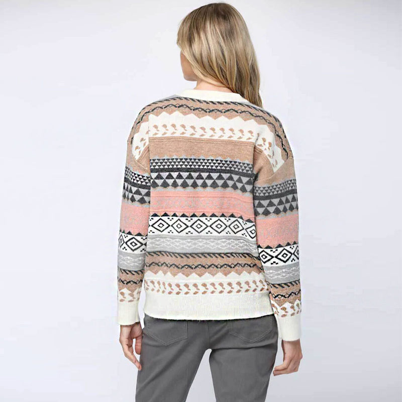 Vintage Fair Isle Multicolored Geometric Pattern Crew Neck Pullover Sweater