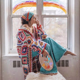 Vintage Hooded Long Sleeve Multicolored Crochet Granny Square Cardigan