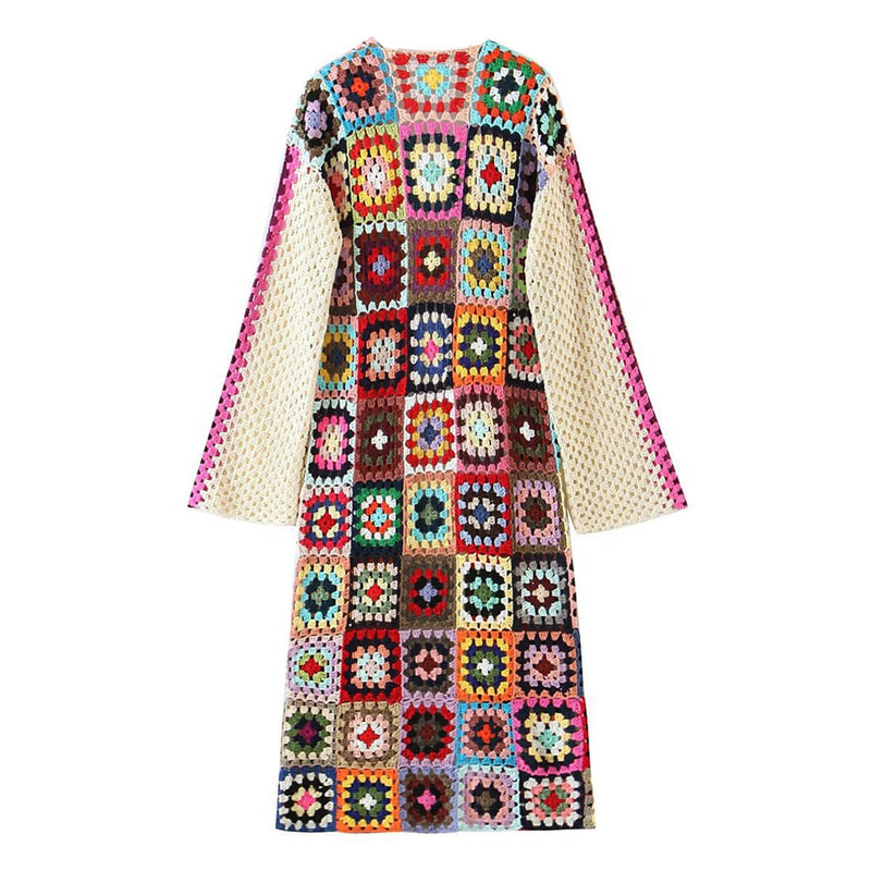 Vintage Long Sleeve Multicolored Crochet Granny Square Duster Cardigan