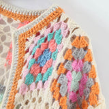 Vintage Beige Open Front Crochet Granny Square Duster Cardigan