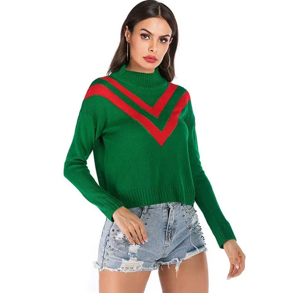 Vintage Dark Green Oversized Turtleneck Color Block Chevron Knit Sweater