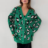 Vintage Green Oversized V Neck Button Up Animal Intarsia Knit Cardigan