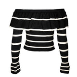 Vintage Black Ruffle Off Shoulder Long Sleeve Striped Knit Sweater
