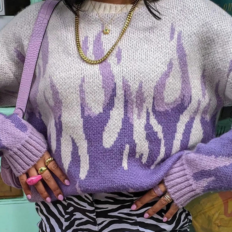 Vintage Style Purple Crew Neck Flame Print Oversized Pullover Sweater