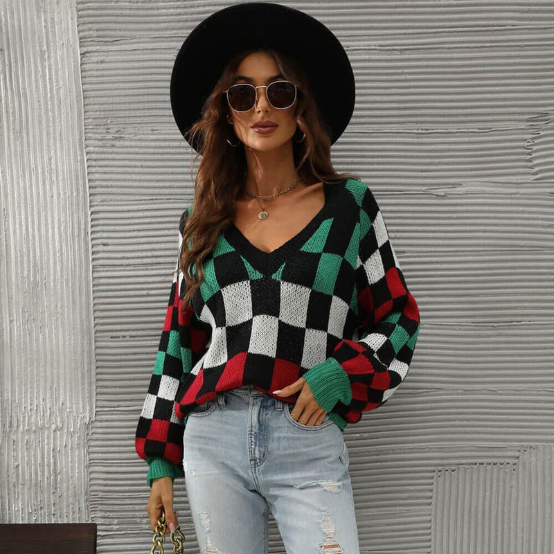 Vintage V Neck Long Sleeve Pullover Checkered Jacquard Knit Sweater