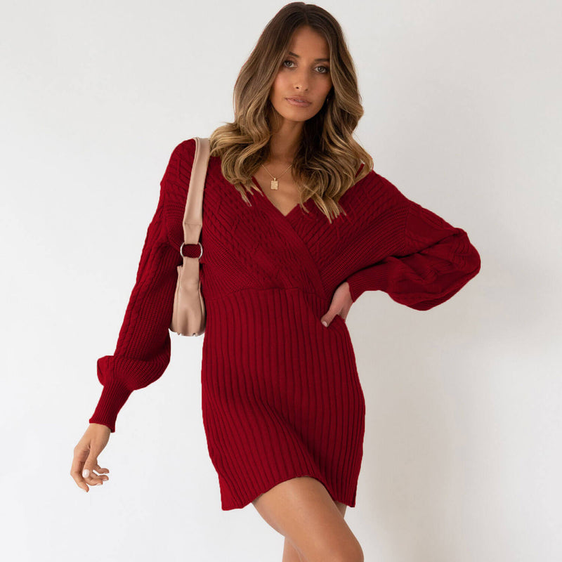 Vintage Wrap Off The Shoulder Chunky Cable Knit Sweater Mini Dress