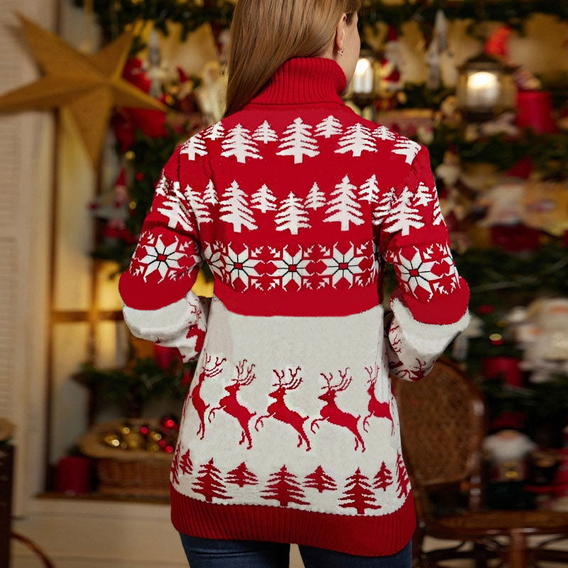 Winter Christmas Motif Turtleneck Pullover Long Sweater