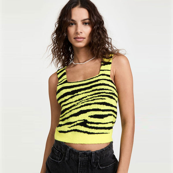 Yellow Zebra Print Square Neck Suspender Strap Eyelash Knit Tank Top